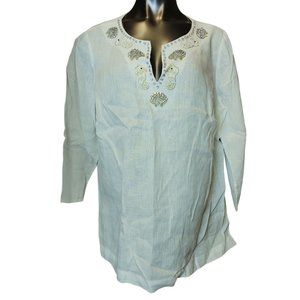 TALBOTS Womens 1X White Gold Embroidered Shells Linen Notch Neck Tunic Top